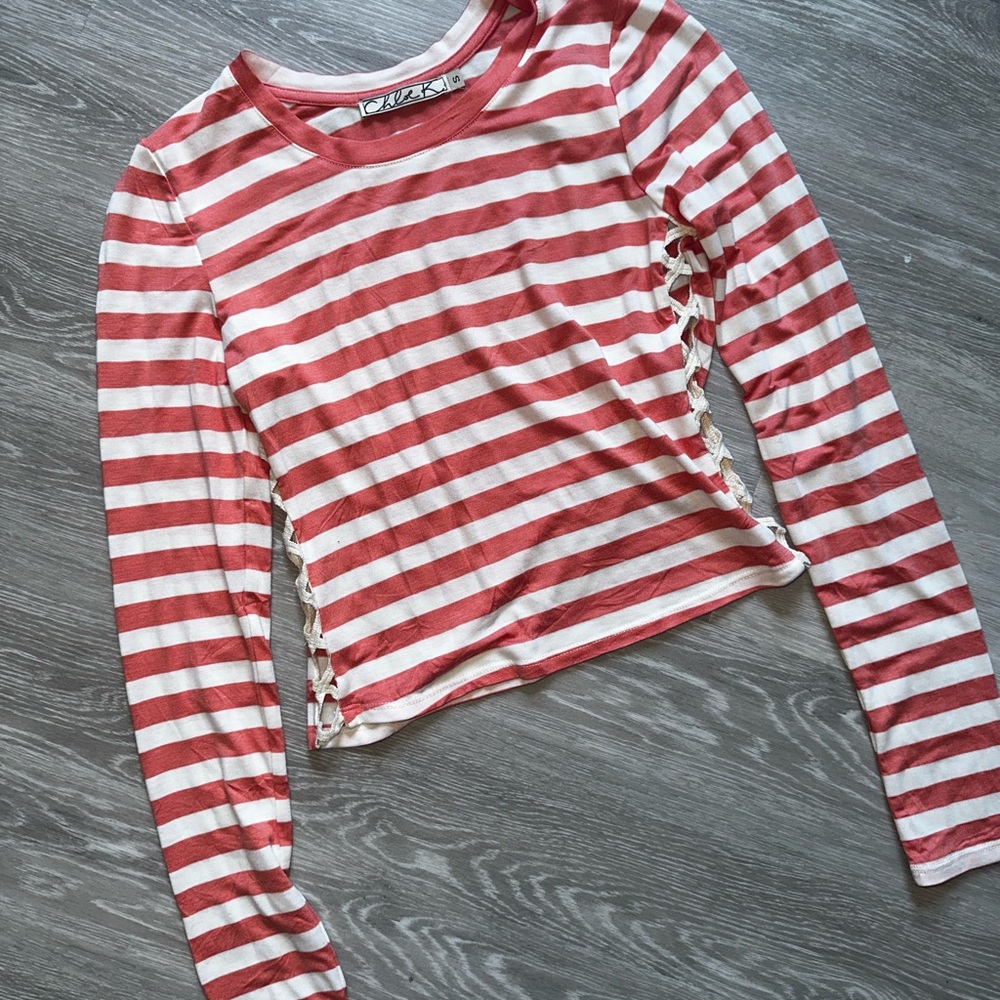 Chloe K Red & White Striped Lace-Up Long Sleeve Top